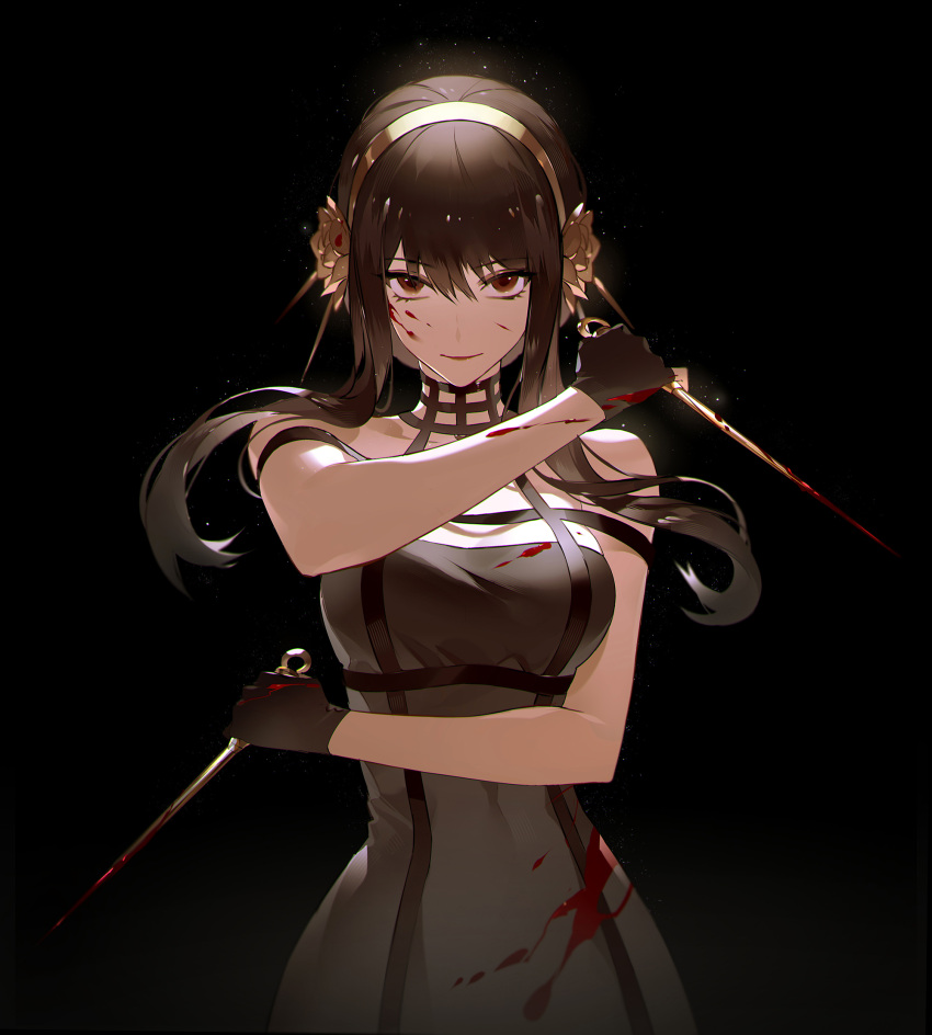 1girl alternate_eye_color bangs bare_shoulders black_background black_dress black_gloves black_hair blood blood_on_clothes blood_on_face breasts brown_eyes commentary_request dress dual_wielding eyebrows_visible_through_hair gloves hairband highres holding holding_weapon lao_bai_(pixiv36119836) looking_at_viewer medium_breasts reverse_grip simple_background smile solo spy_x_family upper_body weapon yor_briar
