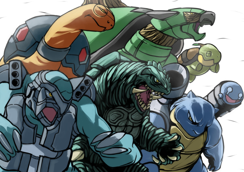 blastoise carracosta crossover from_side gamera gamera_(series) highres mechanization no_humans odd_one_out pokemon pokemon_(creature) semania9ja simple_background squirtle torkoal torterra tortoise turtle turtwig white_background