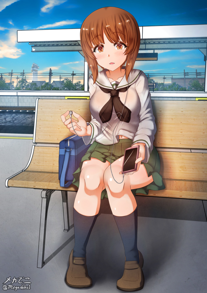 1girl aquaegg bag blush breasts brown_eyes brown_hair cellphone collarbone earphones eyebrows_visible_through_hair girls_und_panzer green_skirt highres iphone large_breasts looking_at_viewer miniskirt navel nishizumi_miho open_mouth outdoors phone pleated_skirt shiny shiny_hair short_hair sitting skirt smartphone solo