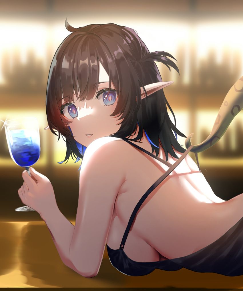 1girl alternate_costume arknights bangs bar bare_arms bare_back bare_shoulders black_dress black_hair blue_eyes blue_hair breasts commentary cup dress drinking_glass eix2 eunectes_(arknights) eyebrows_visible_through_hair highres holding holding_cup indoors large_breasts looking_at_viewer multicolored_hair one_side_up parted_lips pointy_ears short_hair snake_tail solo tail upper_body wine_glass