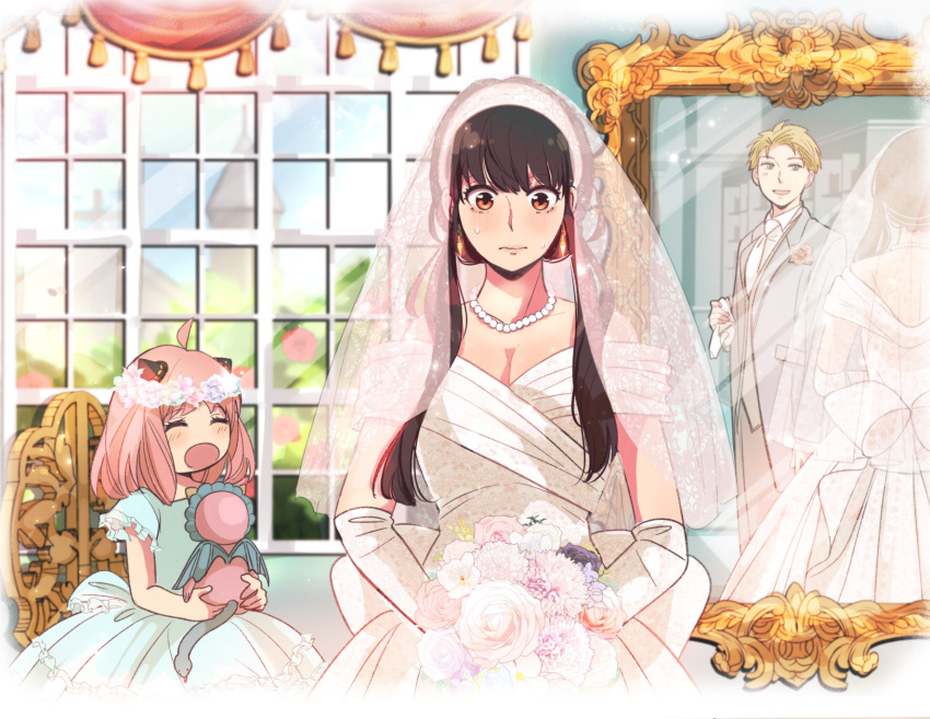 ^_^ ^o^ alex_(sandora) anya_(spy_x_family) back_bow bangs black_hair blonde_hair blue_dress blush bouquet bow bridal_veil closed_eyes director_chimera_(spy_x_family) dress elbow_gloves flower flower_wreath formal gloves hair_horns hairband head_wreath highres holding jewelry long_hair mirror necklace necktie open_mouth pearl_necklace pink_hair sidelocks spy_x_family stuffed_animal stuffed_toy suit sweatdrop twilight_(spy_x_family) veil waistcoat wavy_mouth wedding_dress white_gloves white_hairband white_necktie white_suit yor_briar