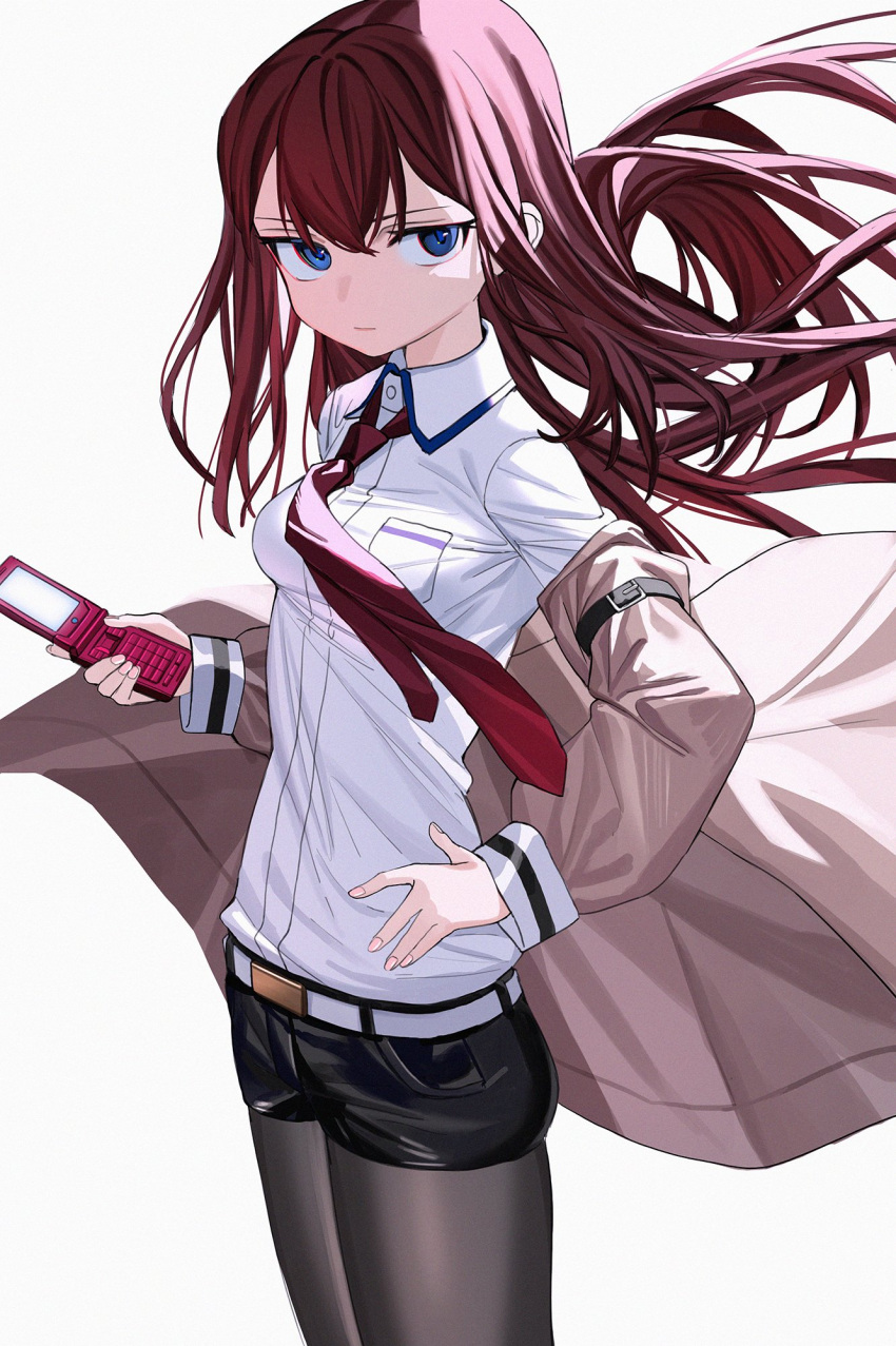 1girl bangs belt black_legwear black_shorts blue_eyes brown_hair cellphone commentary_request dress_shirt flip_phone hair_between_eyes hand_on_hip highres holding holding_phone jacket labcoat long_hair looking_at_viewer luicent makise_kurisu necktie pantyhose phone red_necktie redhead shirt shorts simple_background solo steins;gate white_background white_belt white_shirt
