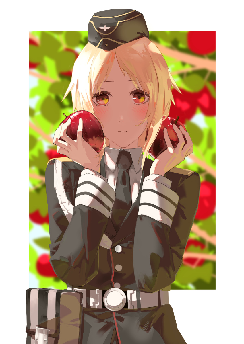 1girl absurdres asimo_(hakurei10201) black_gloves blonde_hair brown_eyes commission food fruit girls_frontline gloves hat highres holding holding_food holding_fruit looking_at_viewer military military_uniform mp40_(girls'_frontline) short_hair uniform