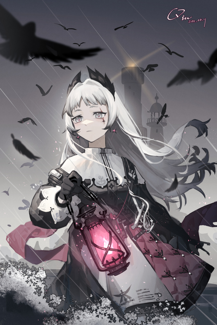 1girl absurdres arknights arm_at_side bangs belt bird black_dress black_gloves capelet closed_mouth clouds cloudy_sky cross_scar crow dated dress earrings flock flying gloves grey_eyes hair_lift harness highres holding_lamp irene_(arknights) jewelry lantern lighthouse long_hair long_sleeves maorongxingqiu puffy_long_sleeves puffy_sleeves rain red_pupils scabbard scar scar_across_eye scar_on_cheek scar_on_face serious sheath signature sky solo sword walking weapon white_hair wind wind_lift