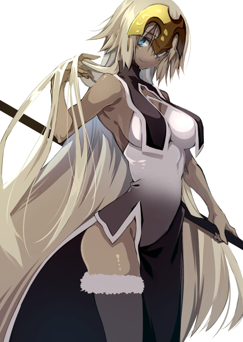 10mo 1girl alternate_skin_color armor armpits bangs bare_shoulders blue_eyes breasts closed_mouth dark-skinned_female dark_skin elbow_gloves fate/grand_order fate_(series) flag from_side fur_trim gloves headpiece highres holding holding_flag jeanne_d'arc_(fate) jeanne_d'arc_(ruler)_(fate) large_breasts long_hair looking_at_viewer short_hair side_slit simple_background smile solo standing tan thigh-highs white_background white_hair