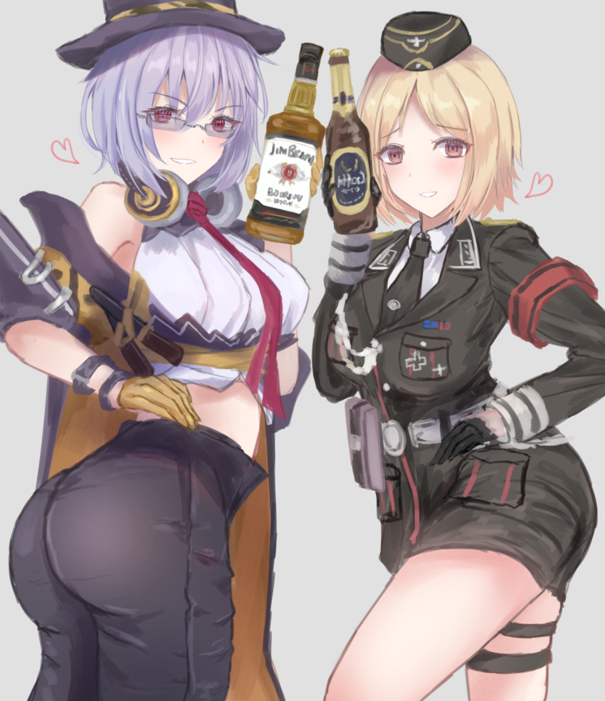 2girls absurdres alcohol blonde_hair breasts commission girls_frontline hat highres large_breasts looking_at_viewer martinreaction military military_hat military_uniform mp40_(girls'_frontline) multiple_girls purple_hair thompson_(girls'_frontline) uniform