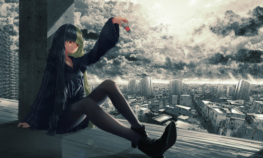 1girl arm_support arm_up black_hoodie black_legwear boots building chocoshi cityscape clouds cloudy_sky concrete cup dark_clouds green_hair head_tilt high_heel_boots high_heels holding holding_cup hood hoodie horizon light light_particles long_hair long_sleeves looking_to_the_side original oversized_clothes pantyhose parted_lips perspective pleated_skirt post-apocalypse red_eyes scenery shadow sitting skirt sky skyline solo very_long_hair wide_sleeves