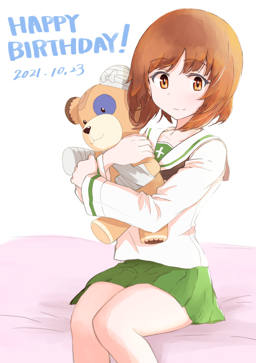1girl absurdres bandages bangs bed_sheet birthday black_neckerchief blouse boko_(girls_und_panzer) brown_eyes brown_hair closed_mouth commentary dated english_text eyebrows_visible_through_hair girls_und_panzer green_skirt happy_birthday highres holding holding_stuffed_toy long_sleeves looking_at_viewer miniskirt neckerchief nishizumi_miho on_bed ooarai_school_uniform oritako pleated_skirt sailor_collar school_uniform serafuku shirt short_hair sitting skirt smile solo stuffed_animal stuffed_toy teddy_bear white_background white_sailor_collar white_shirt