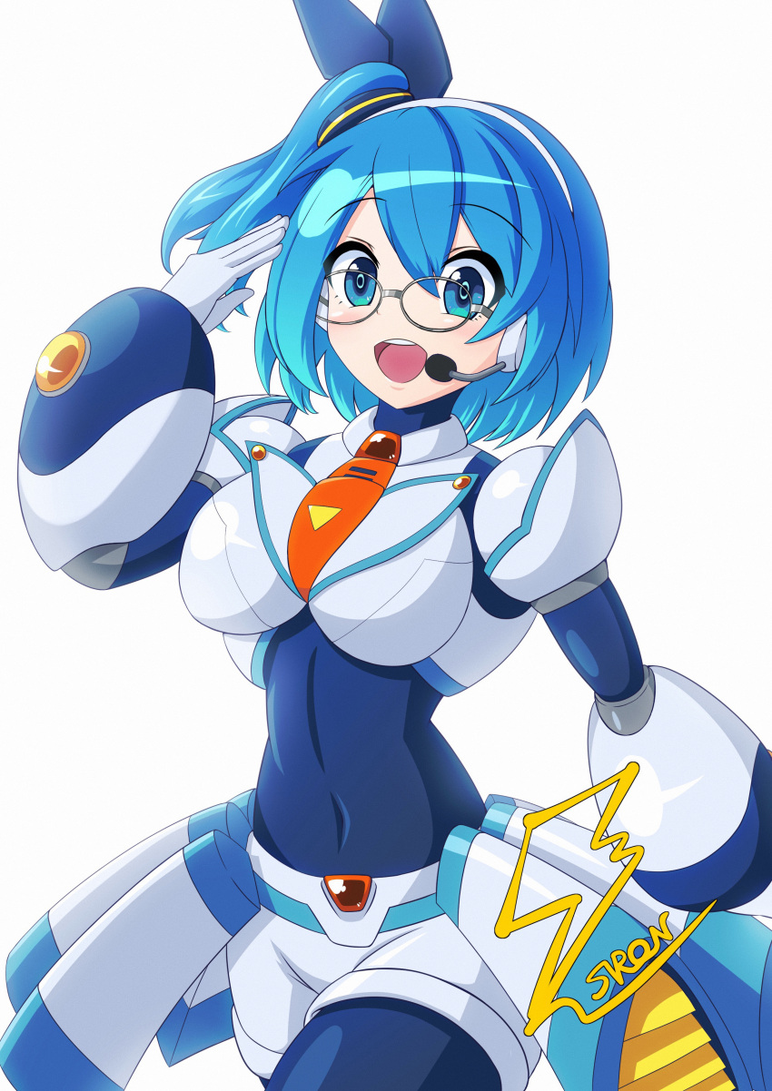 1girl absurdres android bangs blue_bodysuit blue_eyes blue_hair blush bodysuit breasts commentary_request covered_navel eyebrows_visible_through_hair fontatoba glasses gloves hair_ornament hairband hand_up headset highres joints long_hair medium_breasts mega_man_(series) mega_man_x_(series) mega_man_x_dive open_mouth ponytail rico_(mega_man) robot_joints salute shiny shiny_hair shorts side_ponytail signature simple_background skin_tight smile upper_body white_background