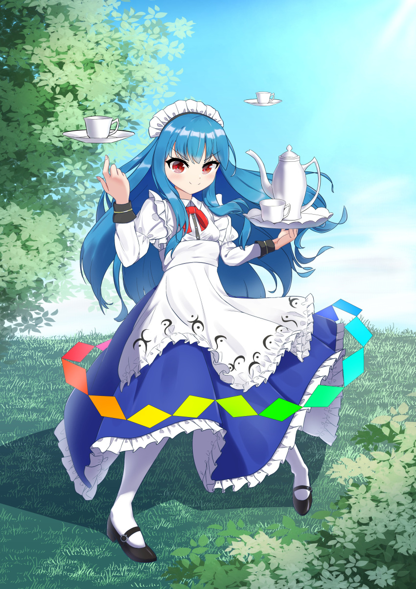 1girl absurdres ambasa apron black_footwear blouse blue_hair blue_skirt bow bowtie buttons cup dress_shirt frills highres hinanawi_tenshi long_hair long_skirt long_sleeves maid maid_headdress neck_ribbon plate rainbow_order red_bow red_eyes ribbon shirt shoes short_sleeves skirt smile solo teacup teapot touhou tray v-shaped_eyebrows white_legwear white_shirt wind wing_collar