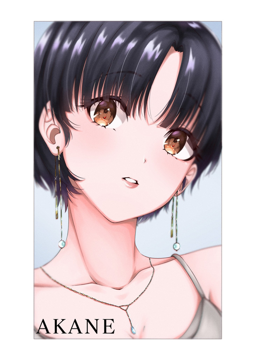 1girl bangs black_hair border brown_eyes character_name close-up collarbone commentary dress earrings english_commentary eyebrows_visible_through_hair highres jewelry jmoart214 light_blush lips looking_at_viewer necklace parted_lips pendant portrait ranma_1/2 romaji_text short_hair solo tendou_akane white_border white_dress