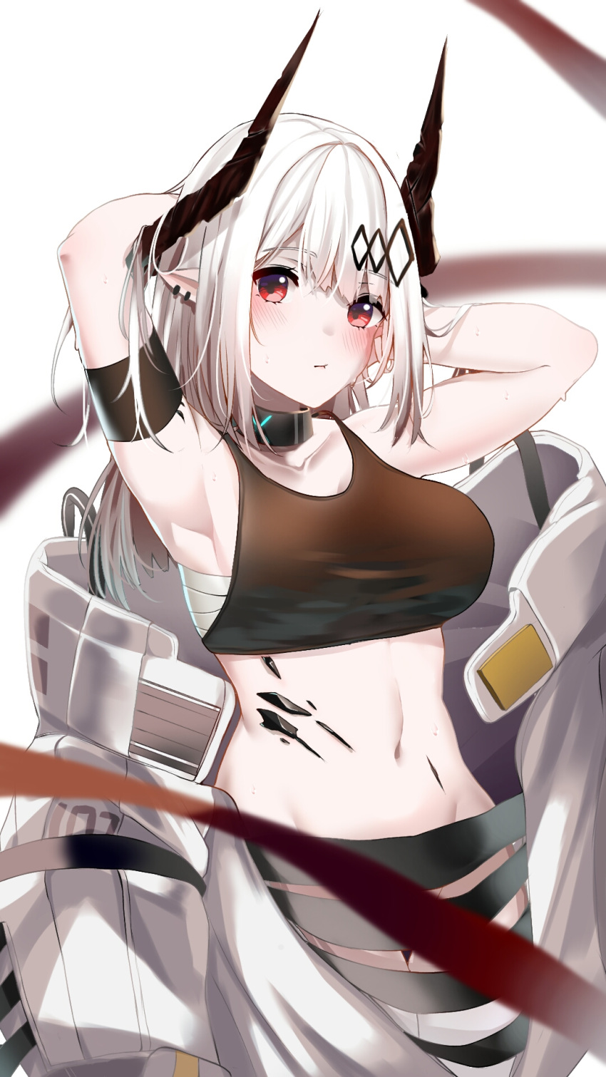 1girl :t arknights armband armpits arms_behind_head arms_up bandages bangs bare_shoulders black_choker blush breasts chest_sarashi choker commentary cowboy_shot crop_top eix2 english_commentary eyebrows_visible_through_hair groin highres horns infection_monitor_(arknights) large_breasts long_hair looking_at_viewer midriff mudrock_(arknights) navel oripathy_lesion_(arknights) pointy_ears red_eyes sarashi simple_background solo sports_bra standing stomach white_background white_hair