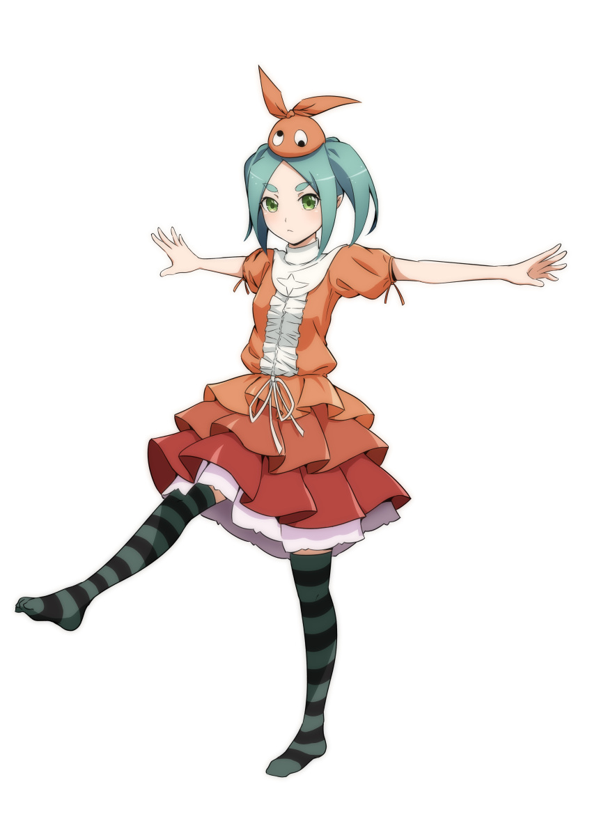 1girl absurdres aqua_hair black_legwear closed_mouth commentary_request dress expressionless full_body googly_eyes green_eyes green_legwear highres layered_dress looking_at_viewer monogatari_(series) multicolored_clothes nijizuki_shino no_shoes ononoki_yotsugi orange_dress orange_headwear outstretched_arms puffy_short_sleeves puffy_sleeves short_hair short_sleeves simple_background solo spread_arms standing standing_on_one_leg striped striped_legwear thick_eyebrows thigh-highs two-tone_legwear white_background