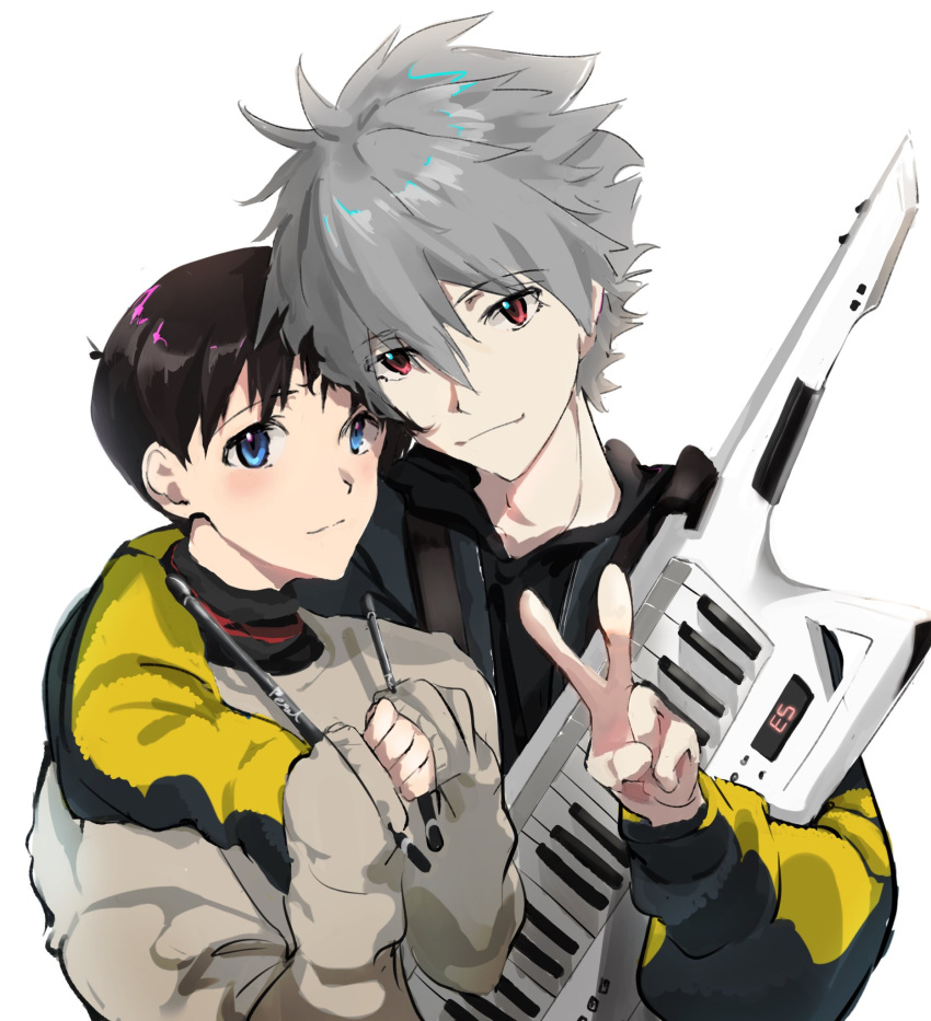 2boys blue_eyes blush grey_hair highres hug ignatov_numa ikari_shinji multiple_boys nagisa_kaworu neon_genesis_evangelion red_eyes short_sleeves simple_background smile v white_background