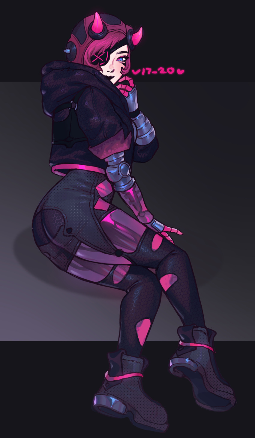 1girl apex_legends ass bangs black_footwear black_headwear black_jacket black_legwear blue_eyes boots cyber_punked_wattson english_commentary eyepatch from_side highres hood hooded_jacket horns jacket looking_at_viewer mechanical_arms mechanical_legs official_alternate_costume one_eye_covered pink_hair sitting smile solo thigh-highs vesper_(v17-20) wattson_(apex_legends)
