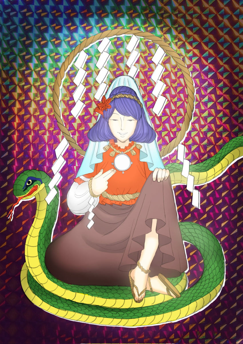 1girl blue_hair brown_skirt highres layered_sleeves long_skirt long_sleeves long_tongue puffy_short_sleeves puffy_sleeves red_shirt red_skirt rope sandals shide shimenawa shirt short_hair short_over_long_sleeves short_sleeves sitting skirt smile snake solo tongue touhou veil whoru yasaka_kanako