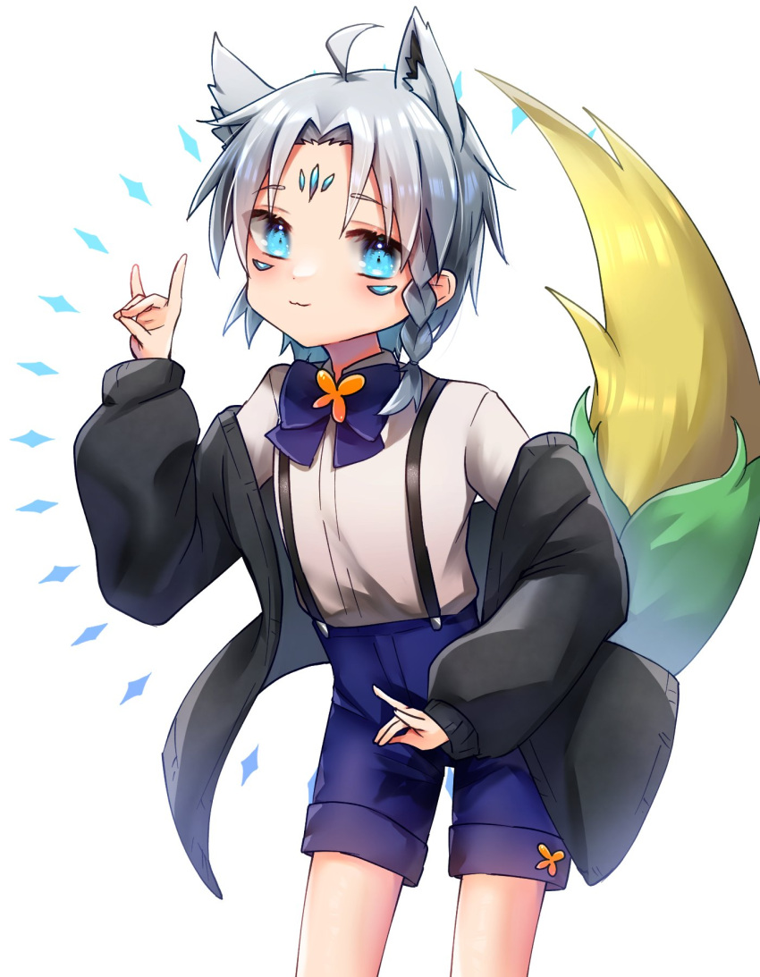 1boy ahoge animal_ear_fluff animal_ears bangs black_jacket blue_bow blue_bowtie blue_shorts bow bowtie braid commentary_request double_fox_shadow_puppet extra_ears eyebrows_visible_through_hair fox_boy fox_ears fox_shadow_puppet highres hololive jacket looking_at_viewer onigumo_zx open_clothes open_jacket parted_bangs personification shirt shorts simple_background single_braid smile sukonbu_(shirakami_fubuki) virtual_youtuber white_background white_hair white_shirt