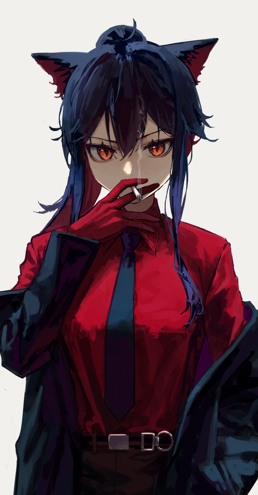 1girl absurdres animal_ears arknights bangs black_hair black_necktie cigarette collared_shirt gloves hair_between_eyes hand_up highres jacket long_hair looking_at_viewer necktie open_clothes open_jacket orange_eyes ponytail red_gloves red_shirt shirt sidelocks simple_background slit_pupils smoking solo texas_(arknights) texas_(willpower)_(arknights) upper_body white_background wolf_ears wolf_girl yoon_cook