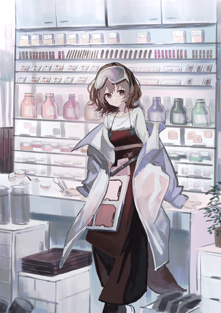 1girl absurdres apron arknights arm_support arms_at_sides brown_eyes brown_hair brown_pants brush choker closed_mouth coat collarbone cosmetics full_body goggles goggles_on_head highres light_smile lipstick_tube long_sleeves looking_at_viewer makeup makeup_brush medium_hair natsuba002 otter_girl otter_tail oversized_clothes palette_(object) pants plant pot roberta_(arknights) shelf shirt solo table tail white_choker white_coat white_shirt