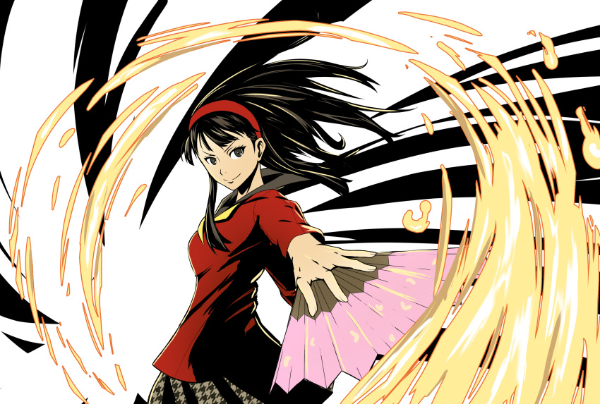 1girl absurdres amagi_yukiko aran_sweater bangs black_hair black_legwear closed_mouth cowboy_shot fire flame hair_between_eyes hairband hand_fan highres holding holding_fan houndstooth jetber long_hair looking_at_viewer miniskirt neckerchief pantyhose persona persona_4 pleated_skirt red_hairband red_sweater school_uniform skirt solo standing sweater v-shaped_eyebrows yasogami_school_uniform yellow_eyes yellow_neckerchief