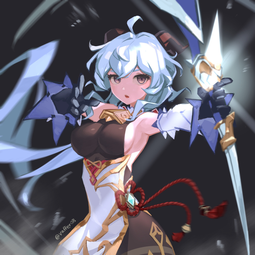 1girl absurdres ahoge amos'_bow_(genshin_impact) armpits bangs bare_shoulders bell black_gloves black_legwear blue_hair bow_(weapon) breasts chinese_knot detached_sleeves flower_knot ganyu_(genshin_impact) genshin_impact gloves gold_trim highres holding holding_bow_(weapon) holding_weapon horns long_hair looking_at_viewer medium_breasts neck_bell parted_lips red_rope rope sideboob sidelocks solo tassel thighlet twitter_username vaffer violet_eyes vision_(genshin_impact) weapon white_sleeves