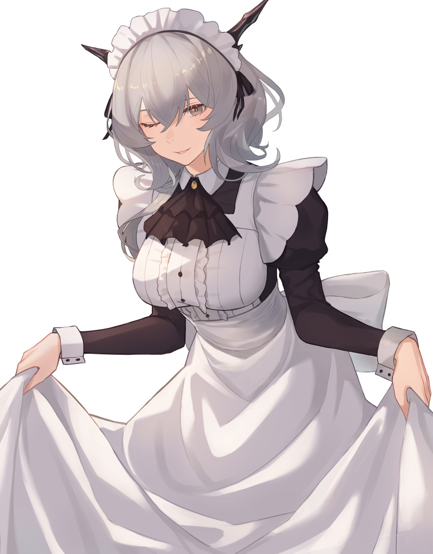 1girl absurdres after3310 arknights ascot black_ascot black_dress black_ribbon bow breasts clothes_lift commission dragon_horns dress dress_lift grey_eyes grey_hair highres horns large_breasts lifted_by_self long_sleeves maid maid_day one_eye_closed ribbon second-party_source short_hair_with_long_locks simple_background solo talulah_(arknights) two-tone_dress white_background white_bow white_dress