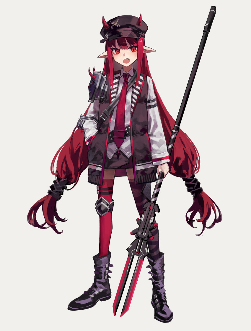 1girl absurdres arknights black_footwear black_skirt black_vest boots collared_shirt commentary_request fang full_body grey_background highres holding holding_polearm holding_weapon horns horns_through_headwear long_hair low-tied_long_hair low_twintails necktie open_mouth pointy_ears polearm red_eyes red_legwear red_necktie redhead shirt shoulder_guard sidelocks simple_background skirt solo standing tachi-e thigh-highs twintails very_long_hair vest vigna_(arknights) weapon white_shirt yoon_cook