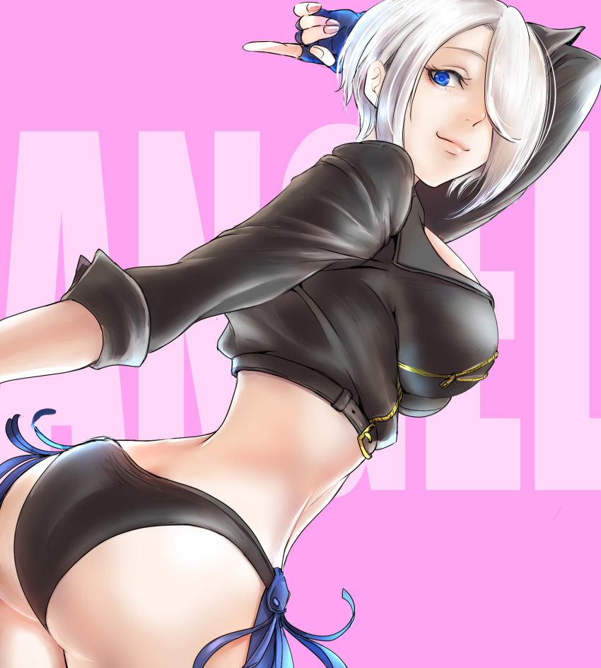 1girl angel_(kof) ass bangs black_pants blue_eyes breasts chaps closed_mouth commentary_request cropped_jacket fingerless_gloves fingernails gloves hair_over_one_eye highres jacket leather leather_jacket looking_at_viewer looking_back mayonakadays medium_breasts midriff panties pants pink_background short_hair simple_background sleeves_rolled_up smile solo the_king_of_fighters thighs underwear white_hair zipper zipper_pull_tab