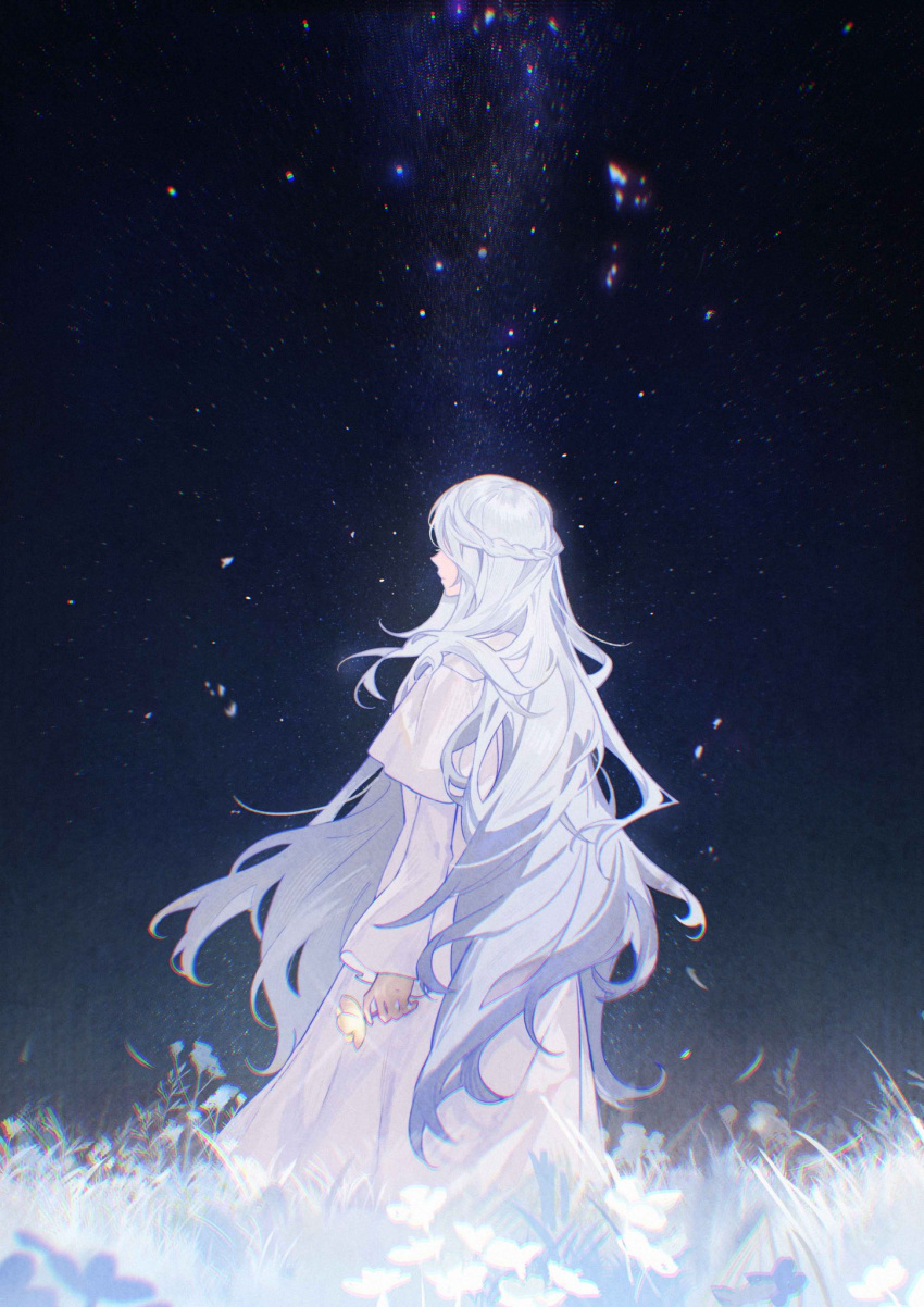 1girl braid chinese_commentary commentary_request facing_away final_fantasy final_fantasy_xiv flower from_behind grass half_updo highres holding holding_flower hood hood_down hooded_robe long_hair night night_sky outdoors single_braid sky solo standing star_(sky) starry_sky sumery venat_(ff14) white_hair white_robe