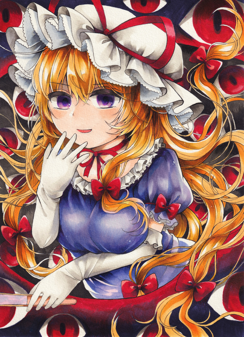 1girl absurdres blonde_hair breasts closed_fan commentary_request dress elbow_gloves eyebrows_visible_through_hair folding_fan frilled_shirt_collar frilled_sleeves frills gap_(touhou) gloves hair_between_eyes hand_fan hat hat_ribbon highres holding long_hair looking_at_viewer maa_(forsythia1729) marker_(medium) medium_breasts mob_cap neck_ribbon open_mouth puffy_short_sleeves puffy_sleeves purple_dress red_ribbon ribbon short_sleeves solo touhou traditional_media upper_body very_long_hair violet_eyes white_gloves white_headwear yakumo_yukari