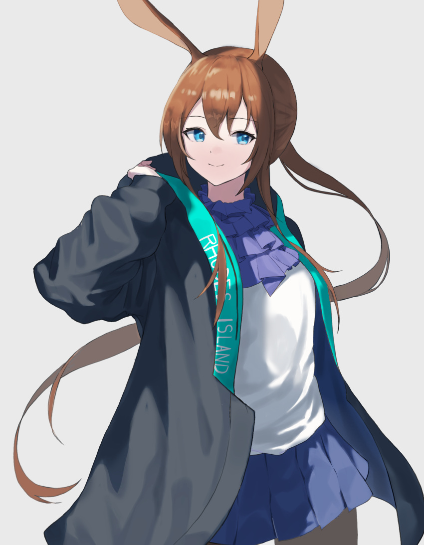 1girl absurdres amiya_(arknights) animal_ears arknights ascot black_legwear blue_ascot blue_eyes blue_skirt brown_hair clothes_writing cowboy_shot eyebrows_visible_through_hair grey_background hair_between_eyes highres long_hair long_sleeves looking_at_viewer natoriusu_sansei pleated_skirt ponytail rabbit_ears shirt sidelocks simple_background skirt smile solo very_long_hair white_shirt