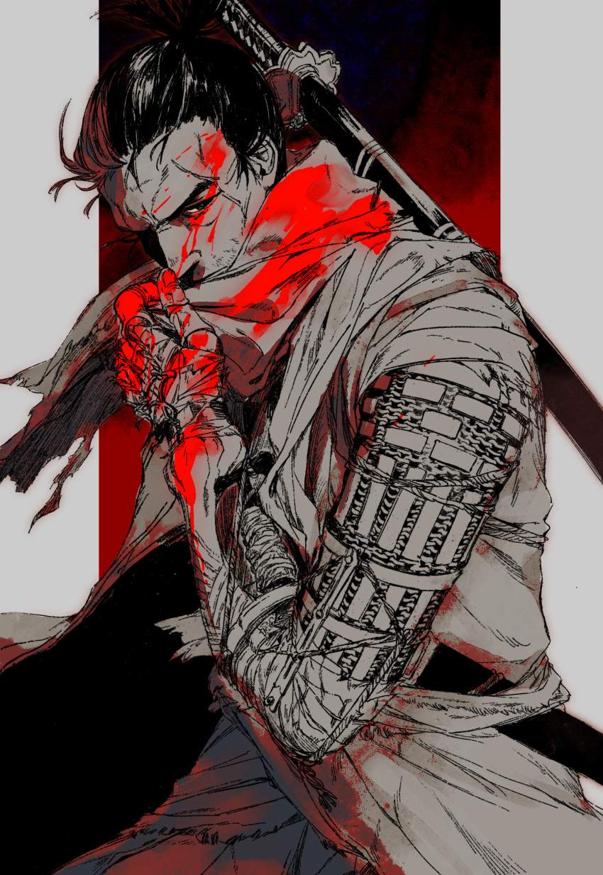 1boy absurdres armor blood blood_on_clothes blood_on_face cowboy_shot facial_hair hair_pulled_back hand_up haori highres japanese_clothes katana looking_away male_focus partially_colored piyomotsu prosthesis prosthetic_arm scabbard scar scar_on_face scarf sekiro sekiro:_shadows_die_twice sheath sheathed short_ponytail solo standing sword weapon weapon_on_back