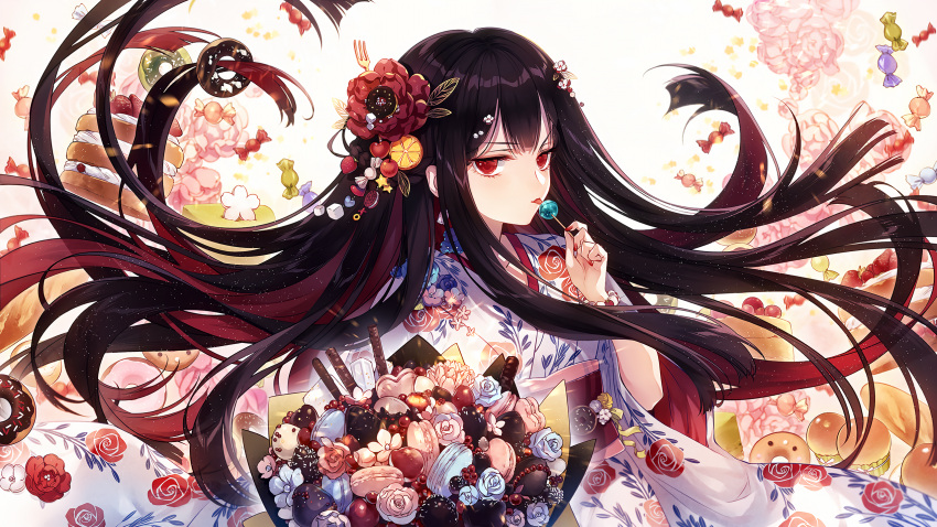 1girl artist_request bangs benghuai_xueyuan black_hair bread cake candy chocolate doughnut floating_hair floral_print flower food hair_flower hair_ornament highres holding honkai_(series) japanese_clothes kimono licking lollipop long_hair looking_at_viewer macaron mushoku_kika official_art red_eyes red_flower red_nails red_rose rose solo very_long_hair wafer_stick