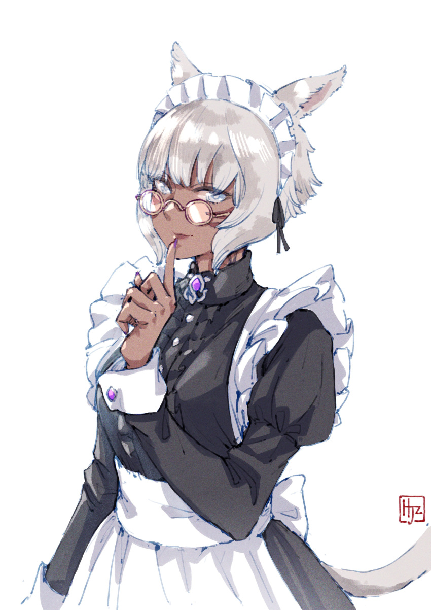 1girl absurdres alternate_costume animal_ears apron bangs black_dress cat_ears dark-skinned_female dark_skin dress enmaided facial_mark final_fantasy final_fantasy_xiv finger_to_mouth frilled_apron frills glasses grey_eyes highres hjz_(artemi) long_sleeves looking_at_viewer maid maid_day maid_headdress miqo'te neck_tattoo puffy_long_sleeves puffy_sleeves short_hair solo tattoo whisker_markings white_background white_hair y'shtola_rhul
