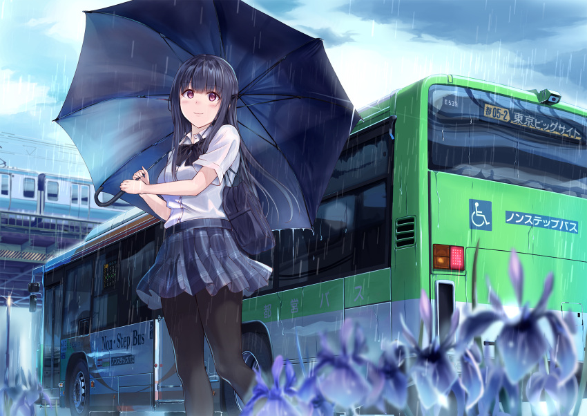 1girl bag bangs black_bow black_bowtie black_hair black_legwear blue_skirt blush bow bowtie bus closed_mouth commentary_request eyebrows_visible_through_hair flower ground_vehicle highres holding holding_umbrella long_hair motor_vehicle original outdoors pantyhose plaid plaid_skirt png_pant_(bus) power_lines purple_flower rain school_bag school_uniform shirt short_sleeves skirt smile solo standing train translation_request umbrella violet_eyes white_shirt