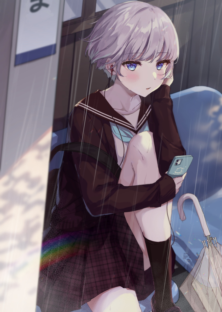 1girl absurdres arm_support blue_eyes blue_neckerchief blurry blurry_foreground blush brown_jacket brown_sailor_collar bus_stop checkered_clothes checkered_skirt chromatic_aberration collarbone commentary_request earphones grey_hair highres holding holding_phone jacket knee_up long_sleeves looking_at_viewer mejiro_yae neckerchief octopus original parted_lips phone pleated_skirt rain rainbow red_skirt sailor_collar school_uniform serafuku shirt short_hair sitting skirt sleeves_past_wrists socks solo umbrella water_drop white_hair white_shirt