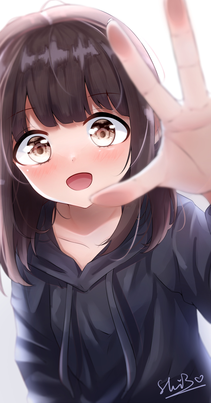 1girl absurdres bangs blunt_bangs blurry blurry_foreground brown_eyes brown_hair collarbone commentary drawstring eyebrows_visible_through_hair highres hood hood_down light_blush long_hair long_sleeves looking_at_viewer nanase_kurumi_(menhera-chan) open_mouth original outstretched_hand reaching_out shi3 signature smile solo upper_body