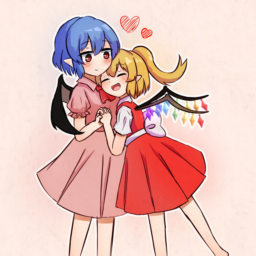 2girls :d ^_^ ascot bangs barefoot blonde_hair blue_hair blush bow closed_eyes collared_shirt commentary crystal cuddling demon_wings english_commentary eyebrows_visible_through_hair feet_out_of_frame ferdy's_lab flandre_scarlet hair_between_eyes happy heart highres holding_hands looking_at_another medium_hair mixed-language_commentary multiple_girls no_hat no_headwear one_side_up outline pink_background pink_shirt pink_skirt pointy_ears puffy_short_sleeves puffy_sleeves red_ascot red_eyes red_skirt red_vest remilia_scarlet shirt short_hair short_sleeves siblings sidelocks sisters skirt smile touhou vest waist_bow white_bow white_outline white_shirt wings