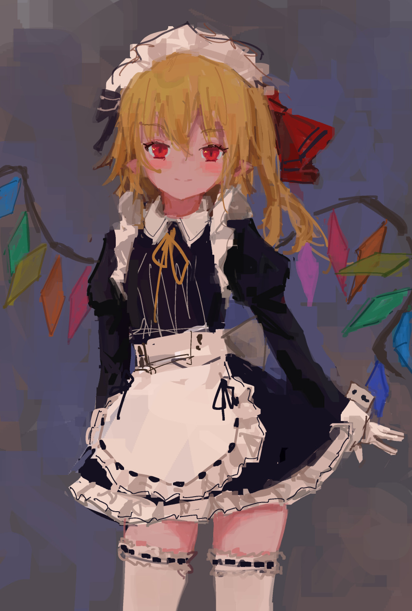 1girl absurdres apron bangs black_background closed_mouth cowboy_shot crystal english_commentary eyebrows_visible_through_hair flandre_scarlet hair_ribbon highres long_sleeves looking_at_viewer maid maid_headdress medium_hair one_side_up rainbow_order red_eyes red_ribbon reddizen ribbon ribbon-trimmed_legwear ribbon_trim simple_background solo standing thigh-highs touhou waist_apron white_apron white_legwear wings