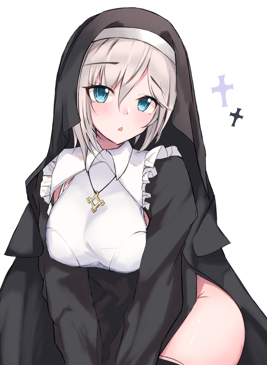 1girl :o absurdres anastasia_(idolmaster) black_dress blush breasts cross_patty deen_(hnxp8555) dress eyebrows_visible_through_hair grey_hair habit highres idolmaster idolmaster_cinderella_girls large_breasts leotard looking_at_viewer nun own_hands_together short_hair side_slit simple_background solo white_background white_leotard