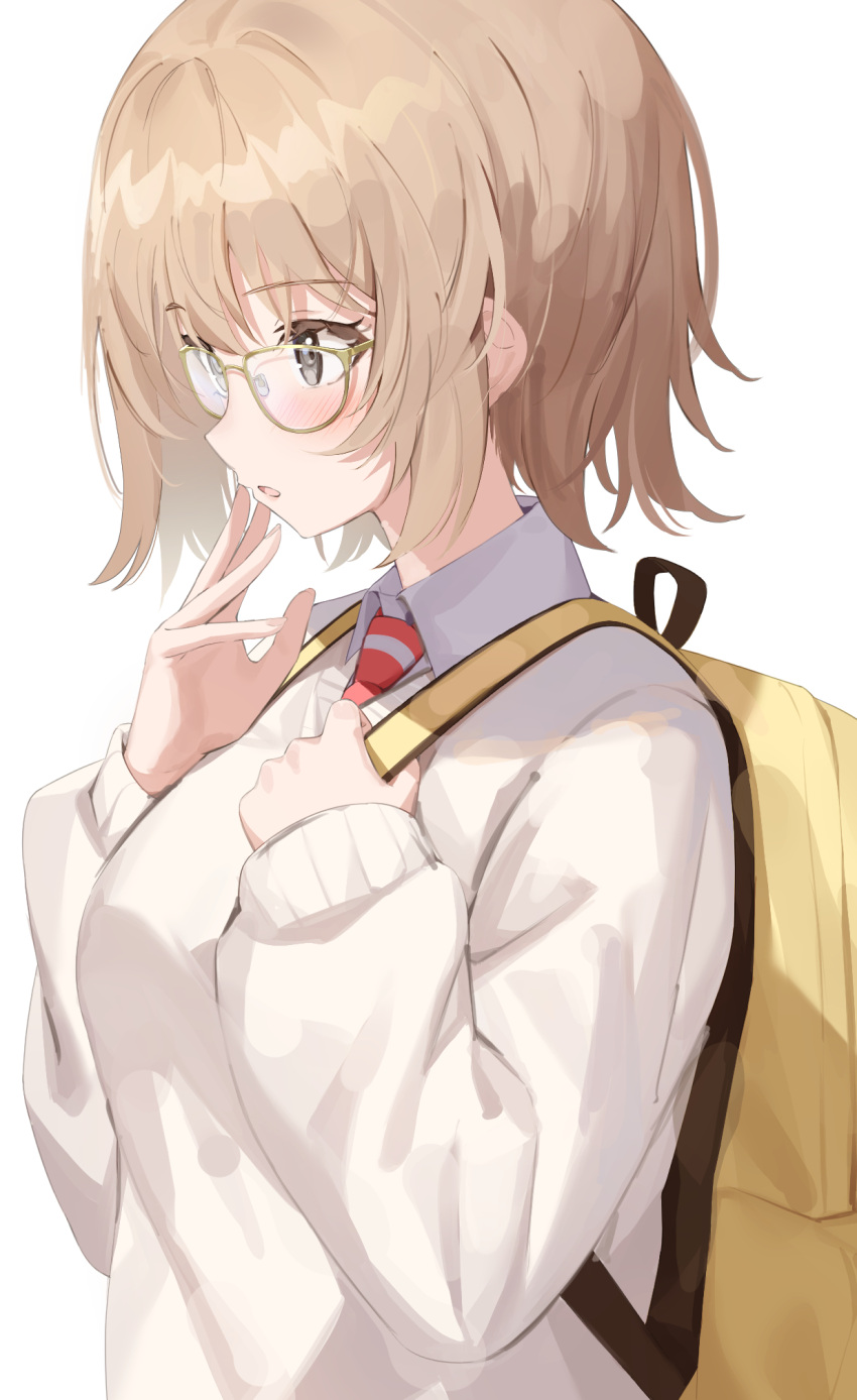 1girl backpack bag bangs blush brown_hair brown_sweater collared_shirt eyebrows_visible_through_hair from_side glasses grey_eyes hachinatsu hair_between_eyes highres long_sleeves looking_ahead necktie original parted_lips red_necktie shirt short_hair simple_background solo striped_necktie sweater swept_bangs upper_body white_background white_shirt yellow_bag