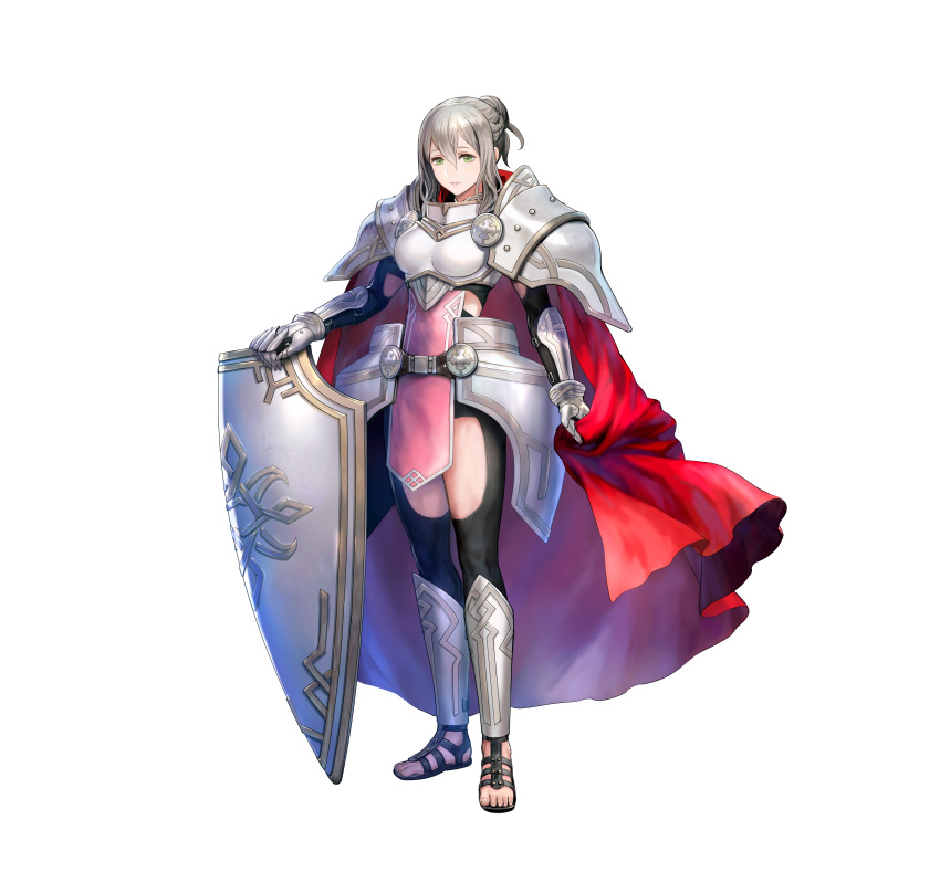 1girl absurdres alternate_costume armor asatani_tomoyo bangs bodysuit bodysuit_under_clothes breastplate cape commentary_request dress effie_(fire_emblem) fire_emblem fire_emblem_fates fire_emblem_heroes full_body gauntlets green_eyes grey_hair hair_bun highres holding lips looking_at_viewer official_art parted_lips pelvic_curtain red_cape sandals shield shiny shiny_hair short_dress shoulder_armor simple_background smile solo standing toeless_footwear toes white_background