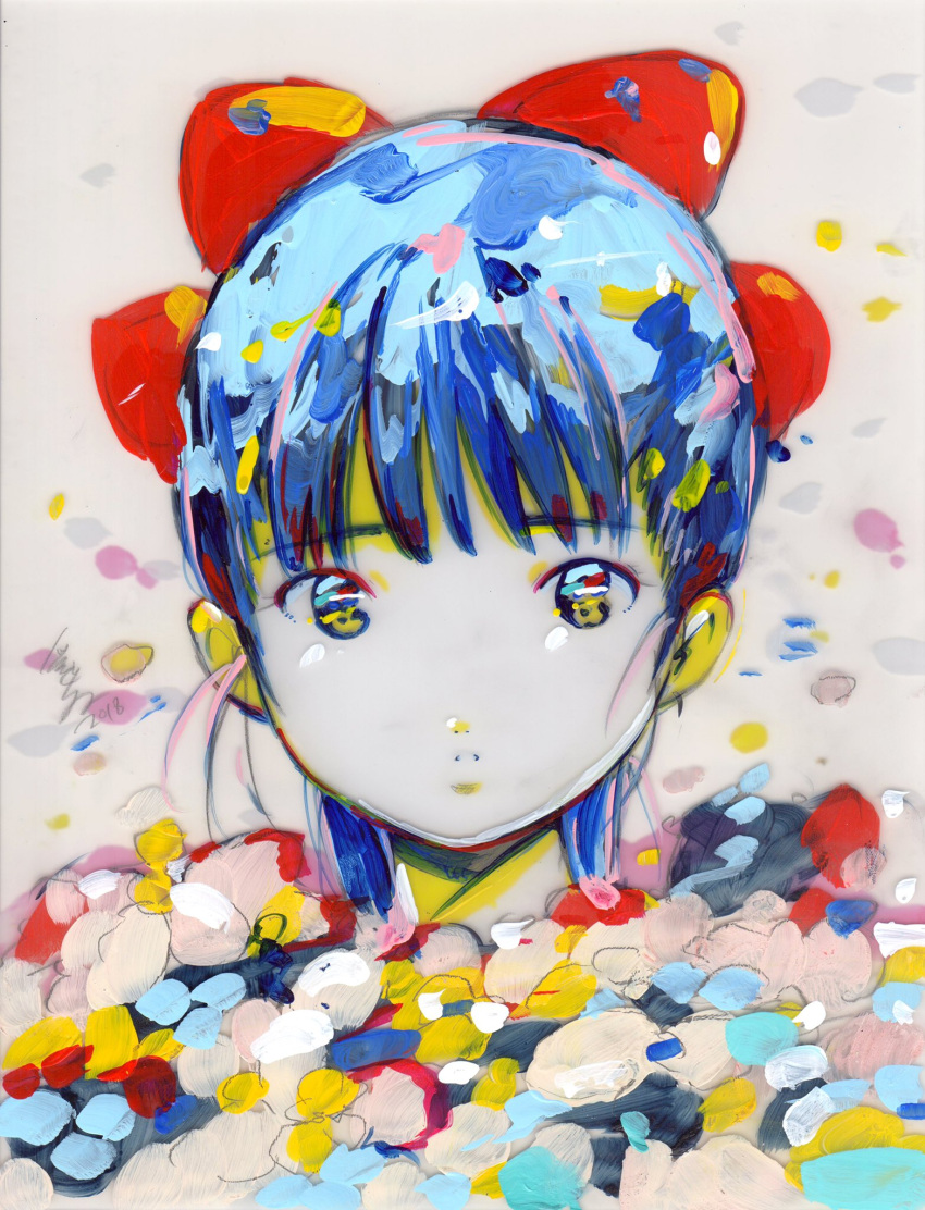 1girl 2018 acrylic_paint_(medium) ai_madonna bangs blue_hair bow hair_bow highres looking_at_viewer original painting_(medium) portrait red_bow signature solo traditional_media white_background yellow_eyes
