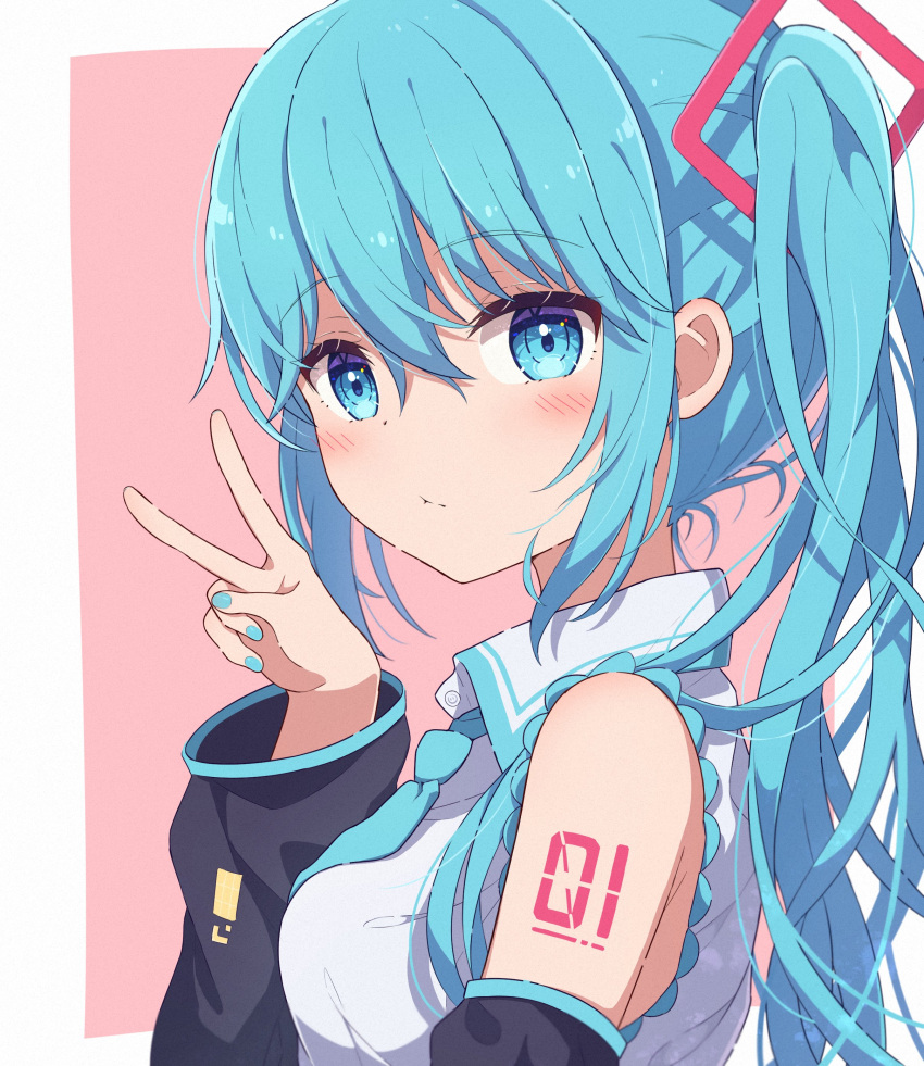 1girl absurdres bangs bare_shoulders blue_eyes blue_hair blue_nails blue_necktie closed_mouth commentary detached_sleeves eyebrows_visible_through_hair from_side hatsune_miku highres kei_suke_1112 long_hair looking_at_viewer necktie number_tattoo pink_background solo tattoo twintails upper_body v vocaloid