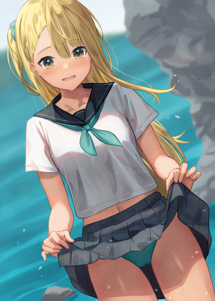 1girl absurdres akira_tooru bangs blonde_hair blouse breasts brown_eyes clothes_lift cowboy_shot dutch_angle green_neckerchief green_panties hair_between_eyes highres lifted_by_self long_hair neckerchief open_mouth original panties pantyshot pleated_skirt sailor_collar school_uniform serafuku shirt short_sleeves skirt skirt_lift small_breasts solo standing underwear white_shirt