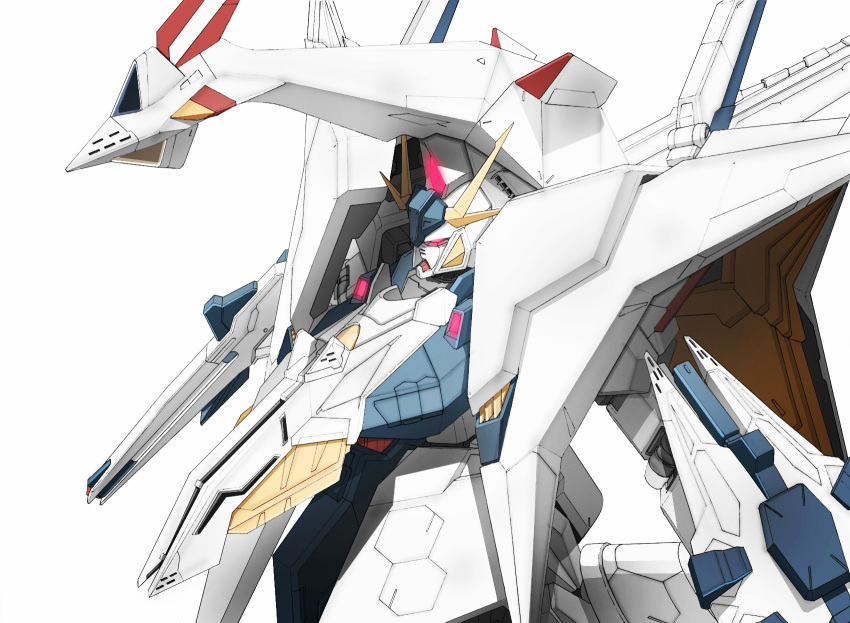 arm_shield aron_e beam_rifle commentary energy_gun glowing glowing_eyes gundam gundam_hathaway's_flash highres mecha mobile_suit no_humans penelope_(hathaway's_flash) pink_eyes shield solo upper_body v-fin weapon white_background