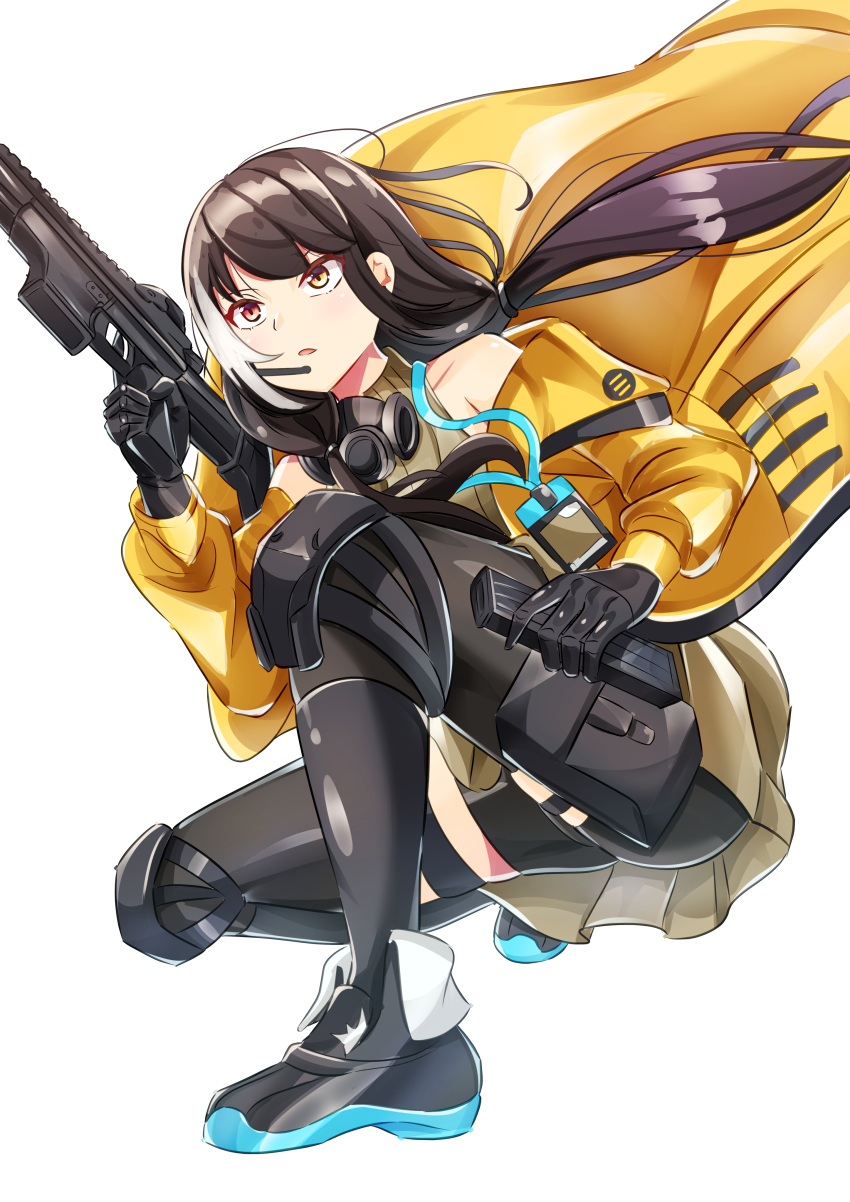 1girl absurdres bangs bare_shoulders black_gloves black_hair black_legwear commentary_request full_body gas_mask girls_frontline gloves gun headset heterochromia highres holding holding_gun holding_magazine_(weapon) holding_weapon jacket knee_pads long_hair looking_ahead mask mod3_(girls'_frontline) multicolored_hair mutugorou_u open_clothes open_jacket open_mouth red_eyes ro635 ro635_(girls'_frontline) simple_background skirt solo squatting streaked_hair twintails weapon white_background white_hair yellow_eyes yellow_jacket