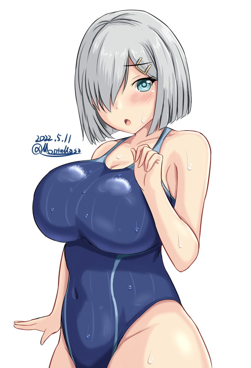 1girl :o blue_eyes blue_swimsuit breasts competition_swimsuit cowboy_shot dated hair_ornament hair_over_one_eye hairclip hamakaze_(kancolle) highleg highleg_swimsuit highres impossible_clothes impossible_swimsuit kantai_collection large_breasts looking_at_viewer montemasa one-piece_swimsuit open_mouth short_hair simple_background solo swimsuit twitter_username wet wet_clothes wet_swimsuit white_background white_hair