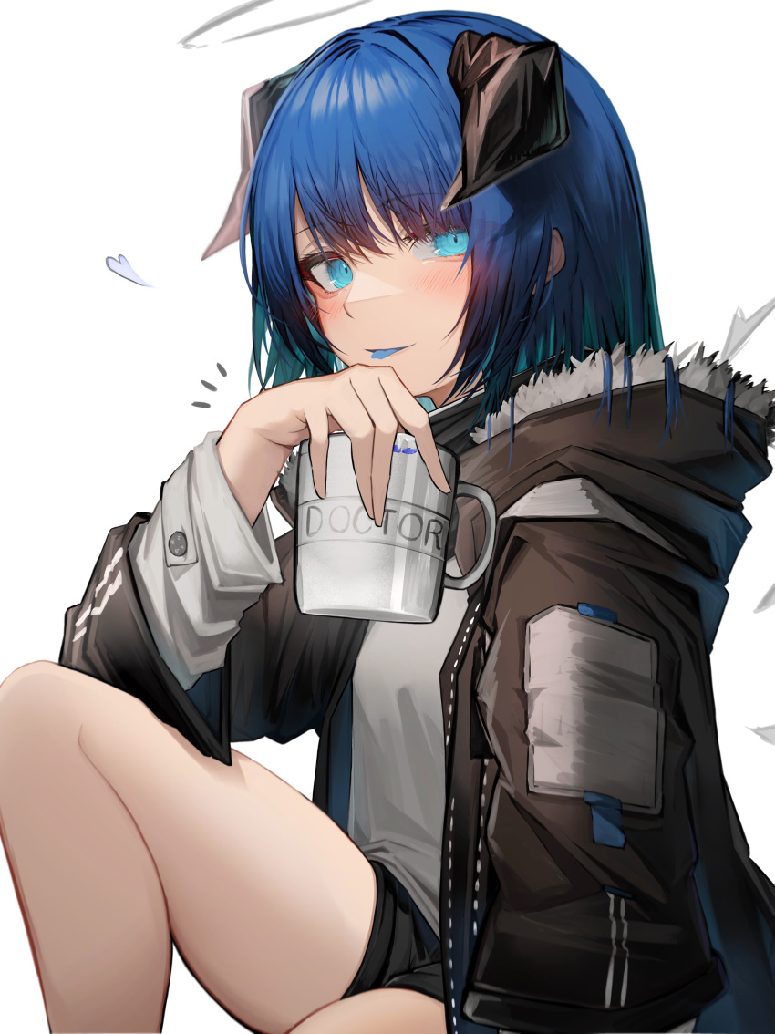 1girl absurdres arknights black_shorts blue_eyes blue_tongue colored_tongue cup dark_halo demon_horns detached_sleeves energy_wings fur-trimmed_hood fur_trim grey_shirt heart highres holding holding_cup hood hood_down hooded_jacket horns jacket knee_up looking_at_viewer mostima_(arknights) mug notice_lines open_clothes open_jacket shirt short_shorts shorts simple_background sitting solo tab_head white_background