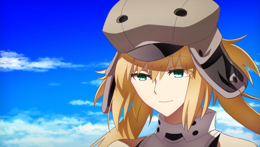 1girl artoria_caster_(first_ascension)_(fate) blonde_hair fate/grand_order fate_(series) green_eyes hat highres house_tag_denim looking_down sky